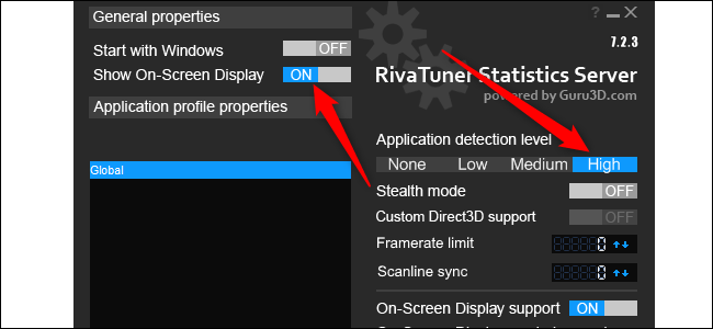 Habilite la opción "Mostrar visualización en pantalla" y luego haga clic en "Alto" en "Nivel de detección de aplicaciones".