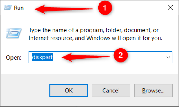 Escriba "diskpart" en el cuadro de ejecución de Windows