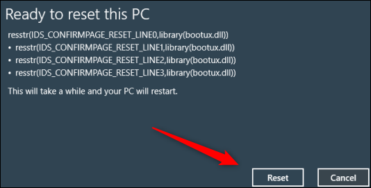 Botón de reinicio para restablecer de fábrica su PC con Windows 10