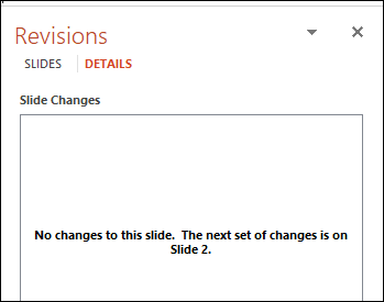 Panel de revisiones que le dice al usuario que vaya a la diapositiva dos para ver los cambios
