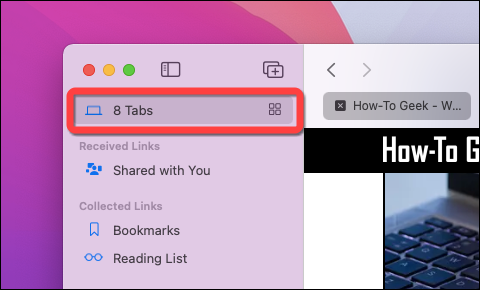 Haz clic derecho en el botón "Pestañas" en el menú "Barra lateral" en Safari en Mac.