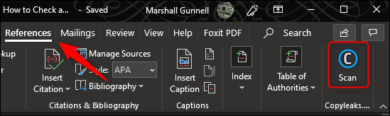 Haga clic en "Escanear" en el grupo Copyleaks en la pestaña "Referencias".