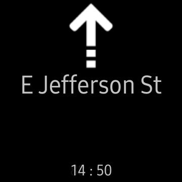 Una dirección "Awesome Navigator" para ir directamente a "E Jefferson St" en la pantalla de un reloj inteligente Samsung.