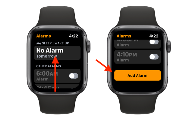 Desplácese hacia arriba en la aplicación Alarmas en Apple Watch y toque el botón "Agregar alarma".