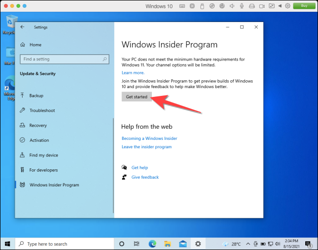 Na seção do programa Windows Insider do aplicativo Configurações, selecione o botão 