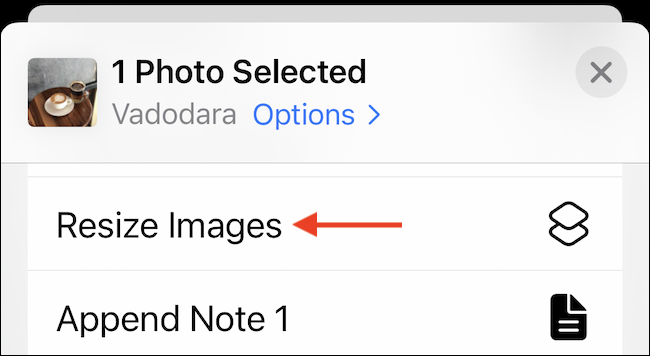 Elija el acceso directo "Cambiar el tamaño de las imágenes" en la hoja Compartir.