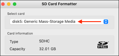 Seleziona la scheda SD nell'app SD Card Formatter