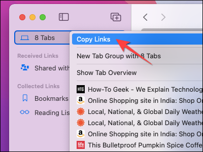 Seleccione "Copiar enlaces" en el menú contextual de Safari en Mac.