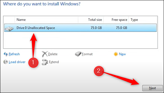 Seleccione la unidad en la que desea instalar Windows.