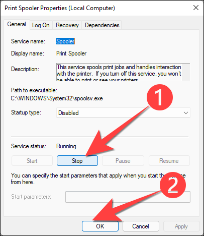 Seleccione el botón "Detener" para detener el servicio y seleccione el botón "Aceptar" para aplicar los cambios.