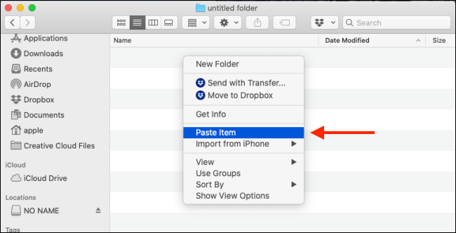 Selecione a opção Colar Item no Finder para colar o arquivo no Mac
