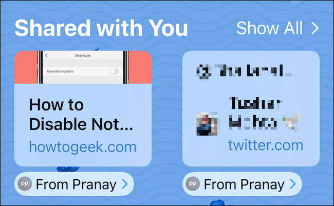 La sección "Compartido contigo" se muestra en la página de inicio de Safari en el iPhone.