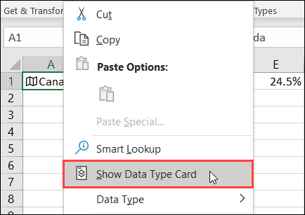 Seleccione "Mostrar tarjeta de tipo de datos".