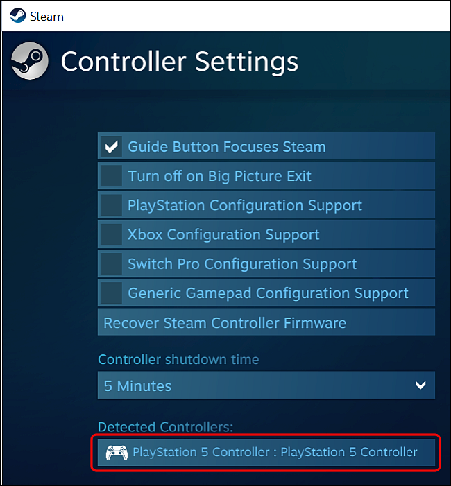 Spot PS5 Controller en la configuración del Steam Controller