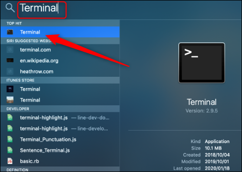 Escribe "terminal" en la barra de búsqueda de Spotlight y luego haz clic en él en los resultados.