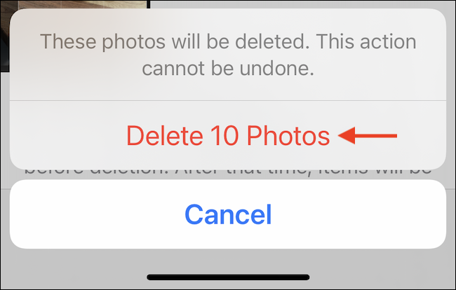 Toca "Eliminar fotos" o "Eliminar videos" para eliminar permanentemente las fotos del iPhone o iPad.