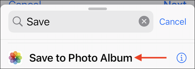Agregue la acción "Guardar en álbum de fotos" al acceso directo.