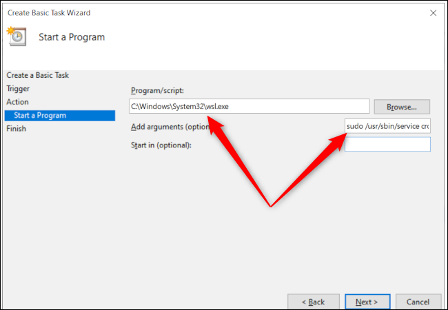 Opciones del programa del Programador de tareas de Windows 10 con flechas rojas que apuntan a la ruta del programa y al cuadro de entrada de texto de argumentos adicionales.