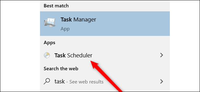 Resultados de búsqueda en Windows 10 que muestran el Programador de tareas como una opción.