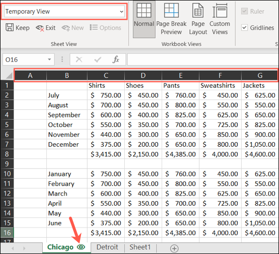 Vista de hoja temporal en Excel