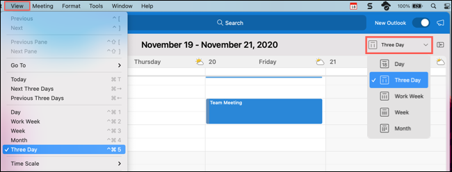 Haga clic en Ver o en el menú desplegable y seleccione Tres días
