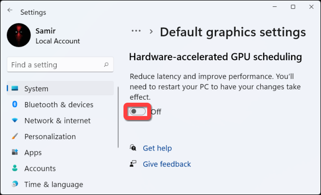 Desactive para desactivar la función "Programación de GPU acelerada por hardware".