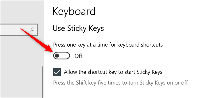 Cambie "Presione una tecla a la vez para los atajos de teclado" a la posición de apagado.