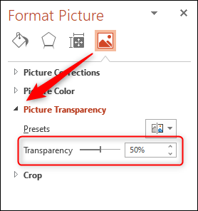 Haga clic en la flecha junto a "Transparencia de imagen" y luego haga clic y arrastre el control deslizante "Transparencia".