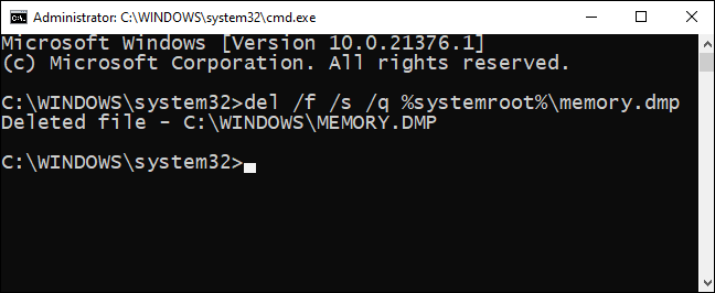 Escriba el comando de eliminación de archivo de volcado de memoria en el símbolo del sistema