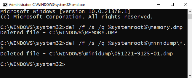 Escriba el comando de eliminación de archivos de minivolcado en el símbolo del sistema