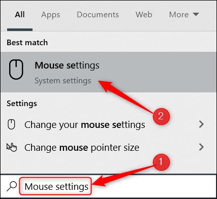 Escriba "Configuración del mouse" en la búsqueda de Windows y haga clic en la opción Configuración del mouse.