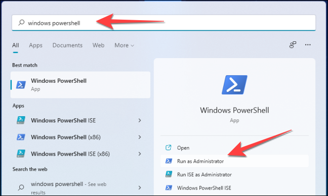 Después de hacer clic en Inicio, escriba "windows powershell" en la búsqueda de Windows y seleccione "Ejecutar como administrador".