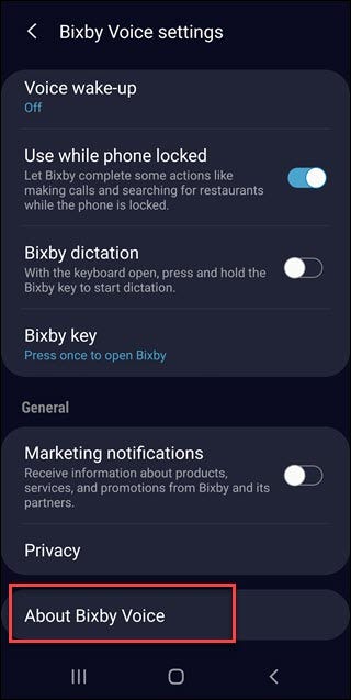 Menu impostazioni Bixby con chiamata 