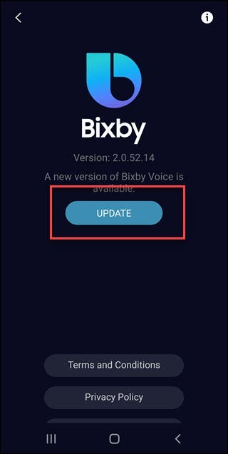 Bixby sobre el diálogo con el botón de actualización.