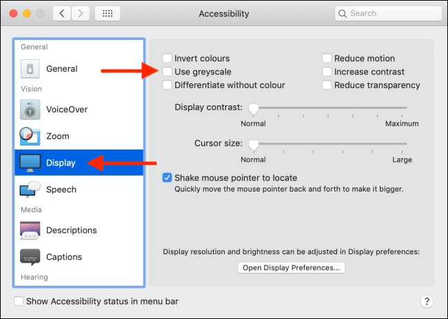 Haga clic en "Pantalla" y "Accesibilidad", y luego haga clic en la casilla de verificación junto a la opción "Usar escala de grises" para habilitarla.