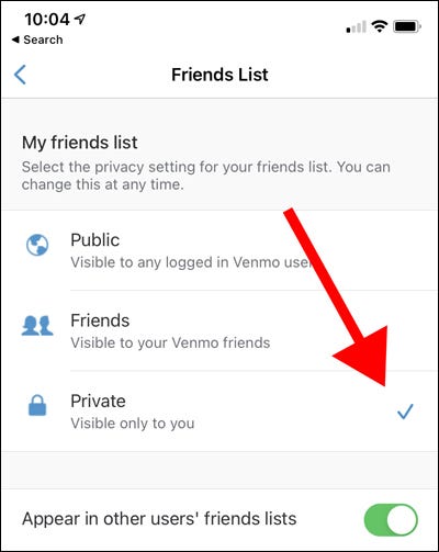 Lista de amigos de Venmo configurada como privada