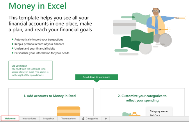 Pestaña de bienvenida en Money In Excel