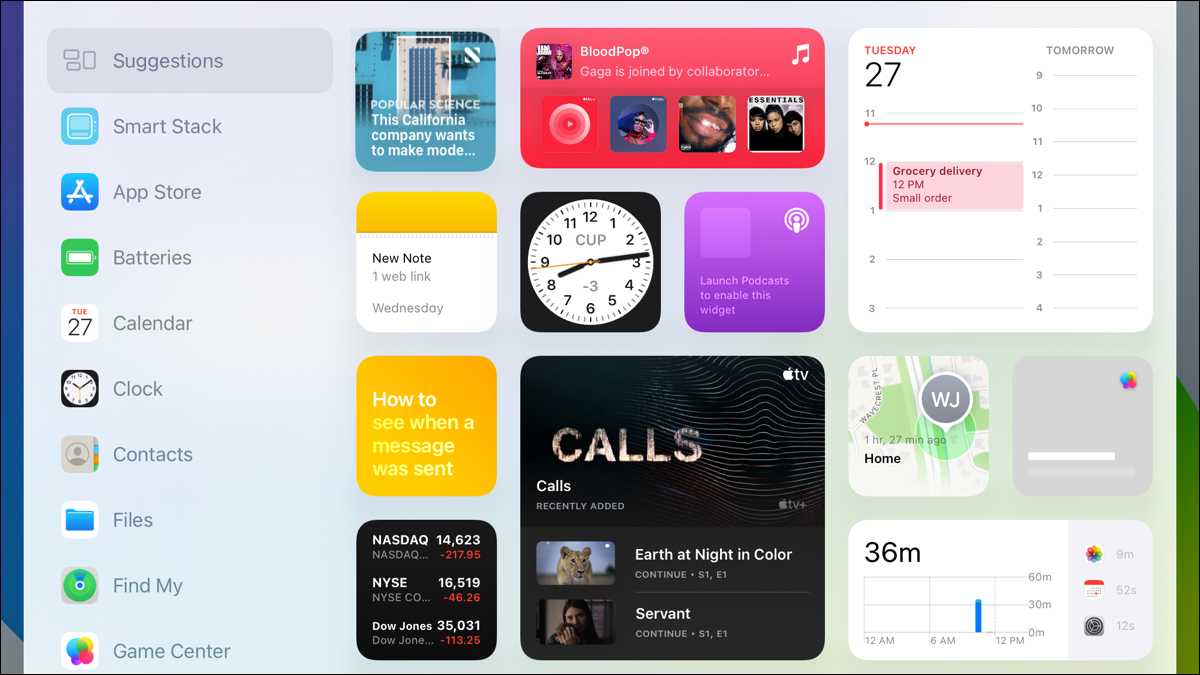 Galería de widgets en iPad