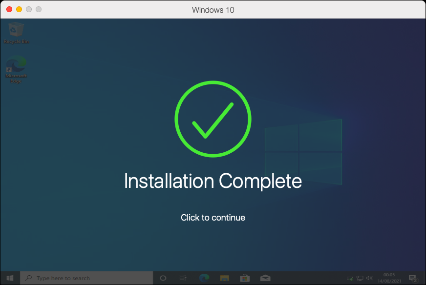 Messaggio di conferma per l'installazione di Windows 10 in Parallels completato.