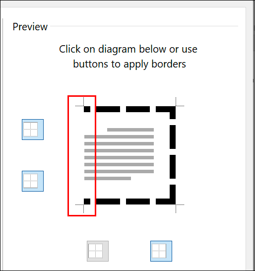 En la configuración del borde de la página de Microsoft Word, haga clic en las líneas de borde individuales en las secciones de Vista previa para agregar / eliminar cada línea