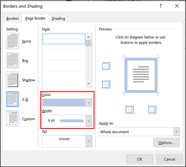 Para cambiar el ancho o el color del borde en Microsoft Word, seleccione las opciones elegidas en los menús desplegables Color y Ancho en el menú de opciones de Borde de página
