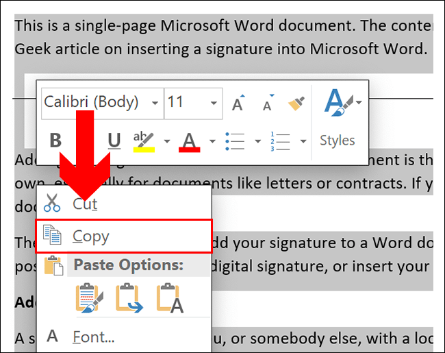 Para copiar en un documento de Word, seleccione su contenido, luego presione Ctrl + C o haga clic derecho y haga clic en Copiar