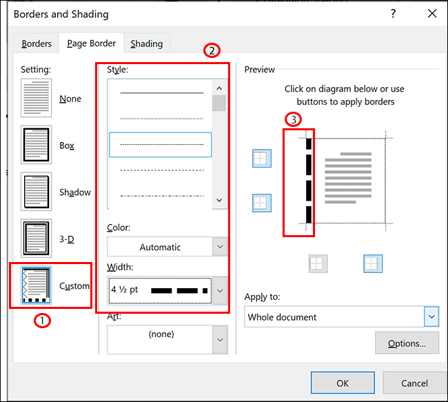 En las opciones de Borde de página para Microsoft Word, seleccione Personalizado, seleccione su formato, luego haga clic en una de las líneas de borde en la sección Vista previa para aplicarlo
