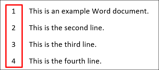 Un ejemplo de números de línea que se utilizan en un documento de Microsoft Word