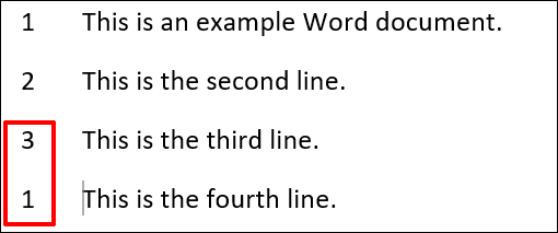 Un ejemplo de números de línea en Word, con una nueva secuencia de números que comienza después de un salto de sección