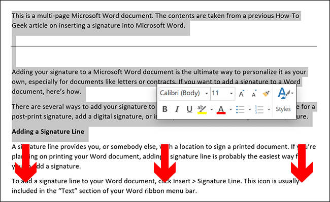 Para seleccionar manualmente el contenido de una página de Microsoft Word, coloque el cursor del documento al comienzo de la página y luego arrastre hacia abajo hacia la parte inferior.