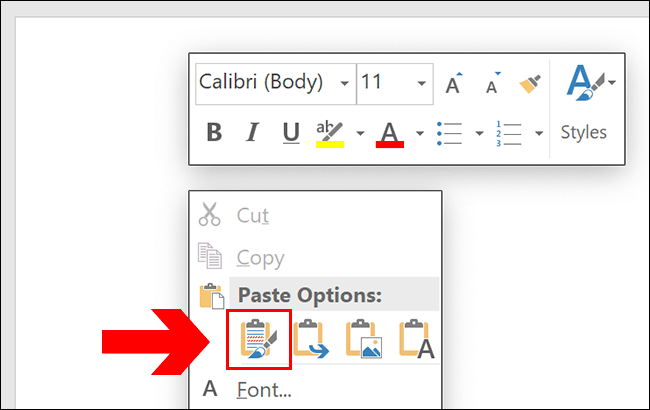 Para pegar en Word, presione Ctrl + V o haga clic con el botón derecho en su página, haciendo clic en una de las opciones de pegado.