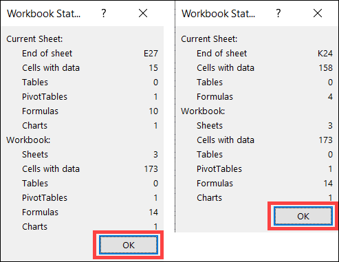 Estadísticas de libros de trabajo para dos hojas
