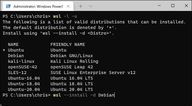Enumere las distribuciones de Linux disponibles e instale una.