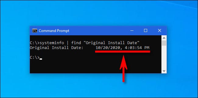 Escriba el comando "systeminfo" en el símbolo del sistema de Windows para obtener la última fecha de instalación de la actualización principal.